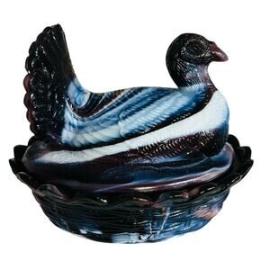 L.G Wright Purple Slag Glass Turkey on a Nest 5.5” on Basket Vintage Candy Dish